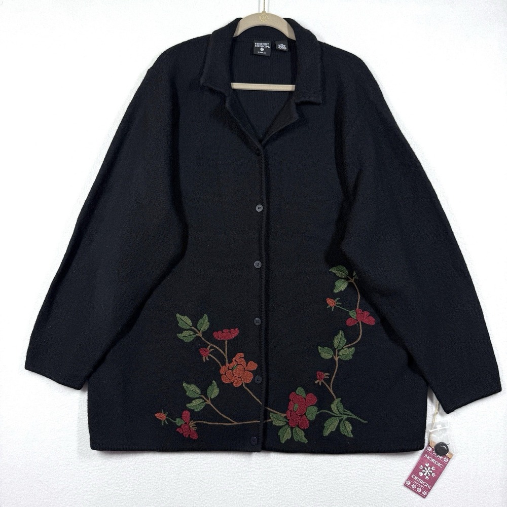 Nordic Design Sweater Womens 3X Floral Embroidered 100% Wool Cardigan Black NWT